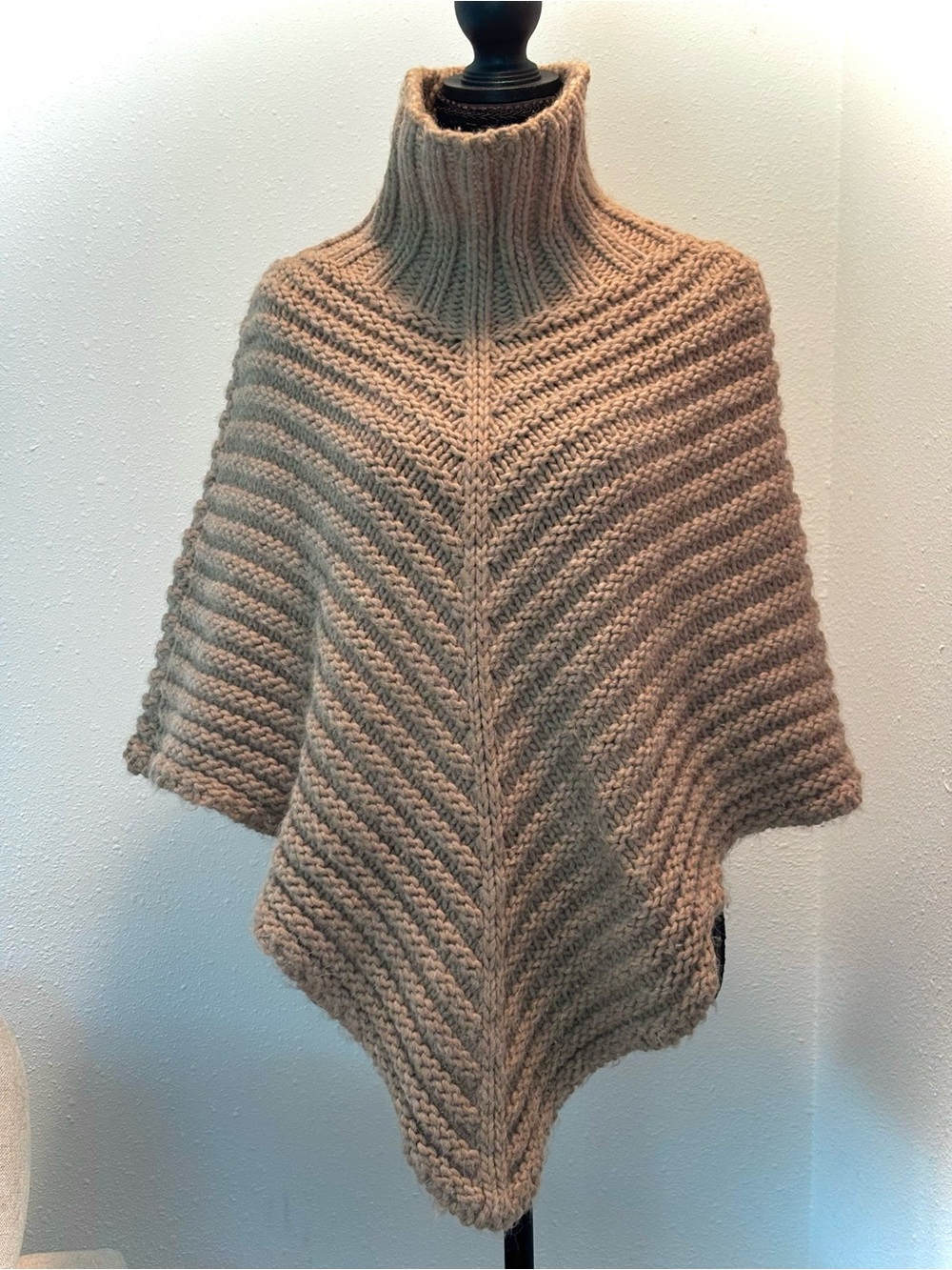 Ribbed Turtleneck Knit Poncho in Taupe-Made in Italy-